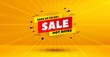 Discount banner shape. Sale 50% off badge. Hot offer icon. Abstract yellow background. Modern concept design. Banner with offer badge. Vector