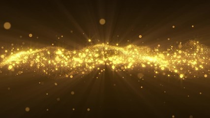 Poster - 4k video. Looped animation. Wave pattern. Dotted lines. Neon waves. particles background. Seamless loop. Bokeh lights. Gold glitter. 3840x2160