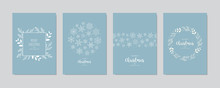 Merry Christmas Modern Elegant Card Set Greetings Fir Pine Branches And Snowflakes On Blue Ice Background