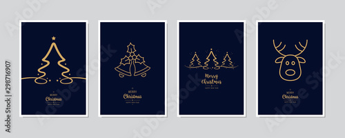 Cuadros en Lienzo Merry Christmas modern card set elements greeting text lettering blue background vector