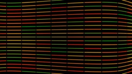 Poster - Abstract colorful futuristic geometric stripes pattern in fast motion on black background, seamless loop. Animation. Narrow horizontal bended lines.