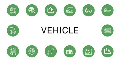 Canvas Print - Set of vehicle icons such as Scooter, Car on fire, Delivered, Bus, Off road, Motorboat, Boat, No overtaking, Rocket, Subway, Racing, Unloading, Tractor, Bus stop , vehicle