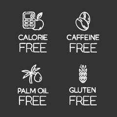 Sticker - Product free ingredient chalk icons set. No calories, caffeine, palm oil, gluten. Healthy food. Low calories meals. Dietary without allergens and sweeteners. Isolated vector chalkboard illustrations