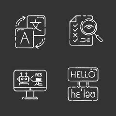 Poster - Machine translation services chalk icons set. Instant online translation. Multilingual chatbot. Artificial intelligence. Transcription and proofreading. Isolated vector chalkboard illustrations