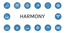 Set Of Harmony Icons Such As Grand Piano, Piano, Taoism, Rainbow, Yin Yang, Buddhism, Lotus, Wind Chimes , Harmony