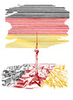 Ilustracja przedstawiająca flagę Niemiec z przykładowym zabytkiem architektonicznym