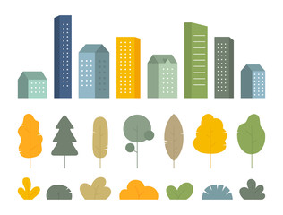 Set of city building element. minimal geometric buildings, trees, plants. City constructor for covers, websites, banners. Vector illustration
