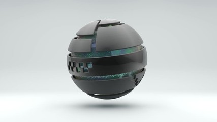Poster - 3D animation of a metal sphere with segments with a transparent liquid ball in the center. segments randomly move and a drop of liquid overflows.