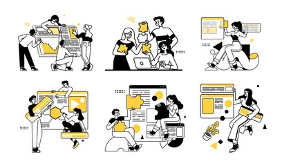 Fototapete - Workflow management business concept illustrations. Collection of scenes at office with men and women taking part in business activity. Outline vector style.