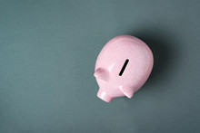 Pink Pig Piggy Bank On A Gray Background. Directly Above
