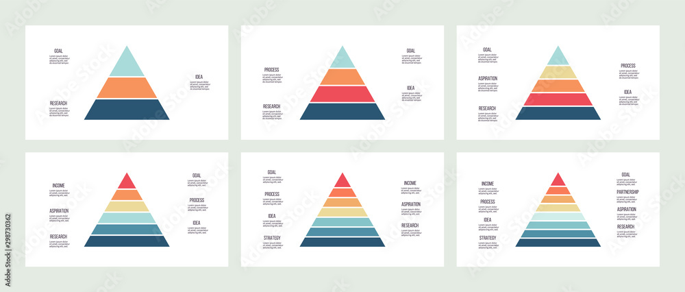 Business infographics. Pyramid charts with 3, 4, 5, 6, 7, 8 steps, options, layers, levels. Vector diagrams. - obrazy, fototapety, plakaty 