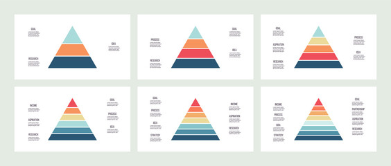 business infographics. pyramid charts with 3, 4, 5, 6, 7, 8 steps, options, layers, levels. vector d
