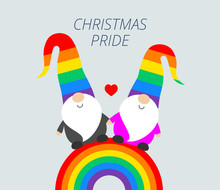 Christmas Pride Celebration Party Funny Greeting Card With Cute Santa Elves Gnomes In Rainbow Hats, And Rainbow Flag. Vector Christmas Pride Illustration