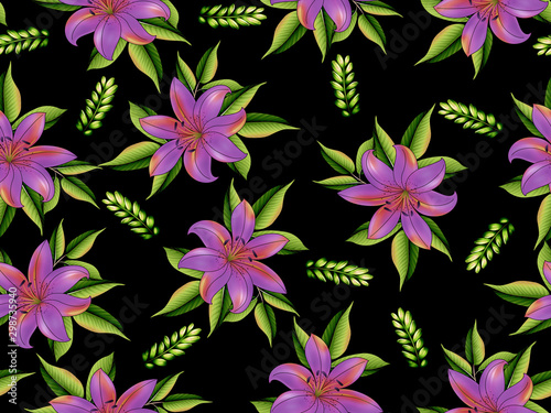 beautiful lily flower with leaves branches seamless pattern