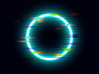 Poster - Glitch neon circle with color distortions. Illuminated round element. Futuristic bright ring with geometric shapes. Glitched circle with VHS retro effect. Vector illustration