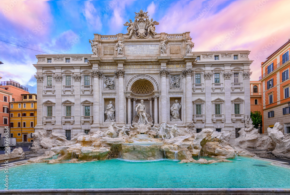 View of Rome Trevi Fountain (Fontana di Trevi) in Rome, Italy. Trevi is most famous fountain of Rome. Architecture and landmark of Rome. - obrazy, fototapety, plakaty 