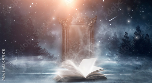 Photographie Open book on a dark background, night landscape, dark forest, dark street