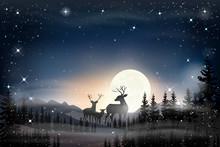 Panorama Landscape Of Starry Night With Full Behind Mountain, Reindeers Family Standing In Pine Tree, Beautiful Night Scenes Of Full Moon Rising With Stars In Winter Wonderland Forest