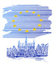 Ilustracja przedstawiająca flagę Unii Europejskiej z przykładowym zabytkiem architektonicznym