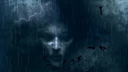 Wall Mural - lightning storm in the night sky with demon face and bats loop animation