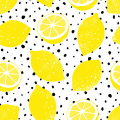 Vector seamless lemon pattern with black dots. Trendy summer background.