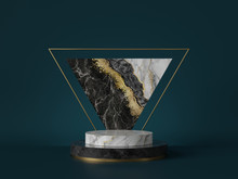3d Render, Abstract Green Background With Black White Marble Texture, Gold Foil. Cylinder Pedestal, Podium, Showcase Stand. Triangular Slab, Triangle Shape, Art Deco Design, Luxury Minimal Mockup