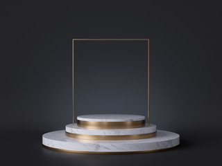 Poster - 3d abstract art deco background, gold square frame above white marble podium, cylinder pedestal, min