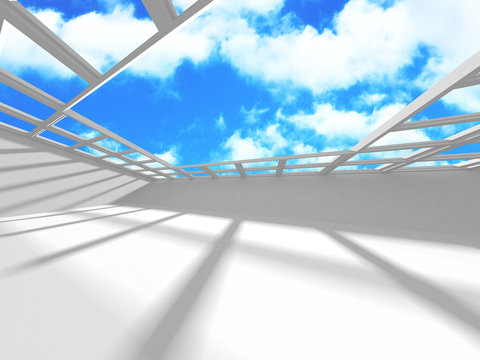 Futuristic White Architecture Design on Cloudy Sky Background