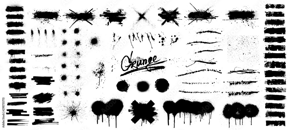 Very Nice collection of black paint, great elaboration, spray graffiti stencil template ink brush strokes, brushes, lines. Vector paint splatter blotches Round grunge design elements. Isolated set - obrazy, fototapety, plakaty 