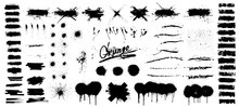 Very Nice Collection Of Black Paint, Great Elaboration, Spray Graffiti Stencil Template Ink Brush Strokes, Brushes, Lines. Vector Paint Splatter Blotches Round Grunge Design Elements. Isolated Set