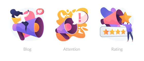 Poster - promotion methods icons set. popular blogger, public announcement, service quality evaluation system