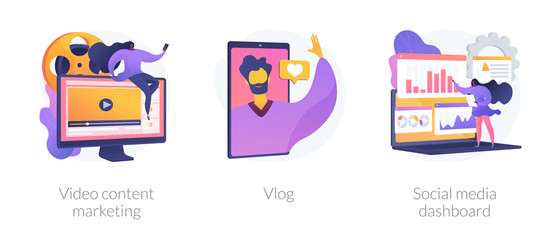 Sticker - Digital advertising business, online streaming, user statistics analysis icons set. Video content marketing, vlog, social media dashboard metaphors. Vector isolated concept metaphor illustrations