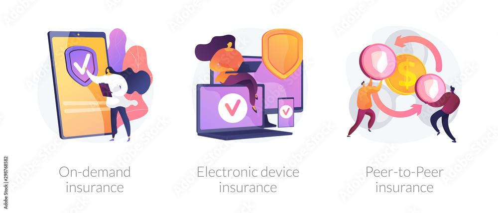 Services ordering, financial protection, risk sharing icons set. On demand insurance, electronic device insurance, peer to peer insurance metaphors. Vector isolated concept metaphor illustrations - obrazy, fototapety, plakaty 