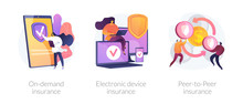 Services Ordering, Financial Protection, Risk Sharing Icons Set. On Demand Insurance, Electronic Device Insurance, Peer To Peer Insurance Metaphors. Vector Isolated Concept Metaphor Illustrations