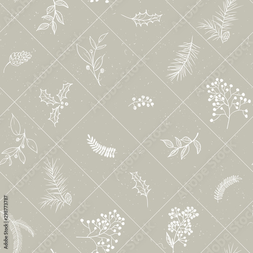 Tapety Beżowe seamless-floral-christmas-pattern-with-square-lined-white-tree-branches-fir-cones-berries-leaves-on-beige-background-graphic-illustration