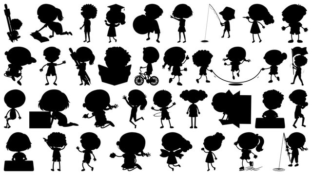 Set of silhouette children in different actions