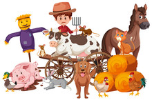 Farmer And Farm Animals On White Background