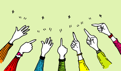 Wall Mural - hand drawn of hands up, agreement. applause. thumbs up. Hands clapping. applause gestures. congratulation for business. cartoon style.  doodle vector illustration