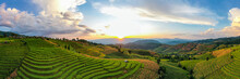 Panorama Aerial View Sunset Scene Of Pa Bong Piang Terraced Rice Fields, Mae Chaem, Chiang Mai Thailand