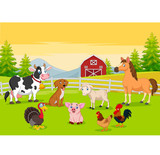 Cartoon farm animals in the farming background