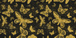 © MySunShine - Gold glittering butterflies with gold confetti seamless pattern on black background. Vector illustration.