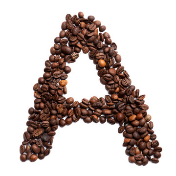 Letter A of the English alphabet of freshly roasted cocoa beans on a white isolated background. coffee pattern made from coffee beans. Font for coffein, the concept of vivacity and culture of coffee.
