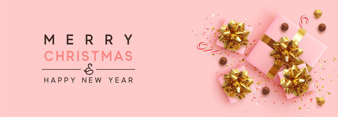 Banner Merry Christmas and Happy New Year. Realistic pink gift boxes, glitter gold confetti, Chocolate round candy in foil, sweet cane. Xmas present. flat lay, top view. Vector illustration