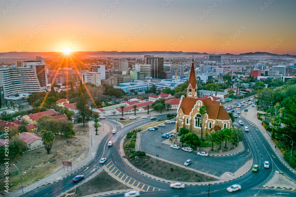 Aerial View of Namibia's Capital at Sunset  - Windhoek, Namibia - obrazy, fototapety, plakaty 