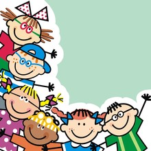 Happy Kids With Glasses, Banner, Funny Vector Illustration On Green Shadow Background. Group Of Little Girls And Boys With White Contour.
