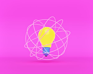 Poster - bulb with neon light rings isolated on pink background. complex idea concept. minimal style. 3d rendering