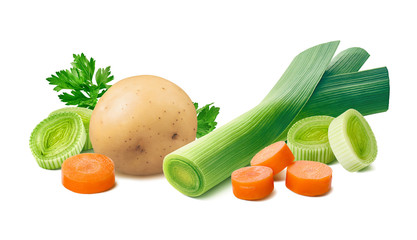 Wall Mural - Leek, potato, carrot, parsley isolated on white background