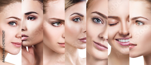 Fotomural Collage of beautiful different women faces with perfect skin.