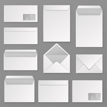 Envelopes. Blank Corporate Closed And Open Envelope For A4 Letter Sheet. Paper Postal Packages, Mail Vector Isolated Mockups