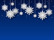 Snowflakes Background. Papercut White Snowflake Shapes On Blue Backdrop, Christmas Winter Holiday Card. Xmas Frozen Pattern Vector Poster